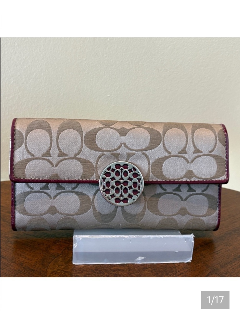 Coach Vintage Long Wallet Large round button Khaki Signature Canvas /Burgundy